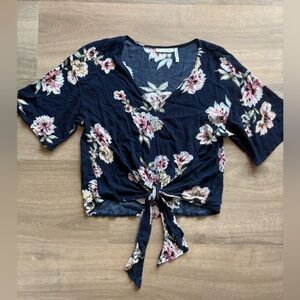 LUQ Tie Front Crop Floral Blouse